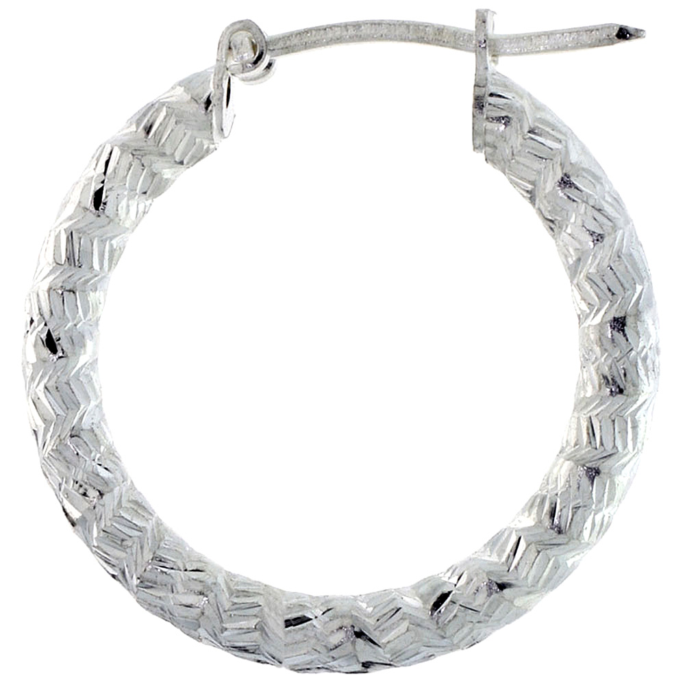 1" ( 25 mm ) Sterling Silver 3mm Tube Zigzag Pattern Diamond Cut Hoop Earrings