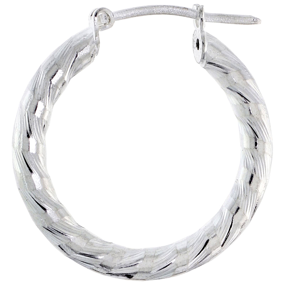 1&quot; ( 25 mm ) Sterling Silver 3mm Tube Candy Striped Diamond Cut Hoop Earrings