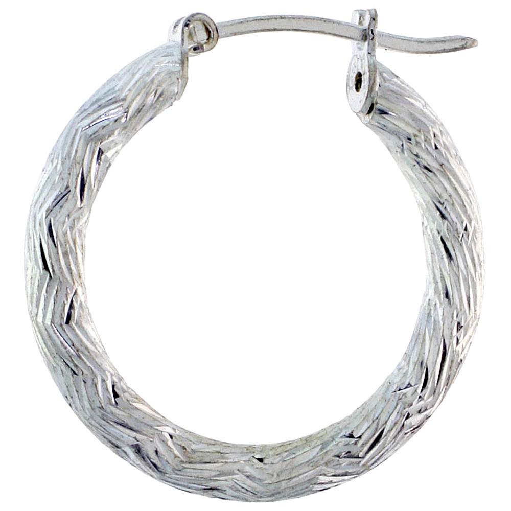 1&quot; ( 25 mm ) Sterling Silver 3mm Tube Zigzag Pattern Diamond Cut Hoop Earrings