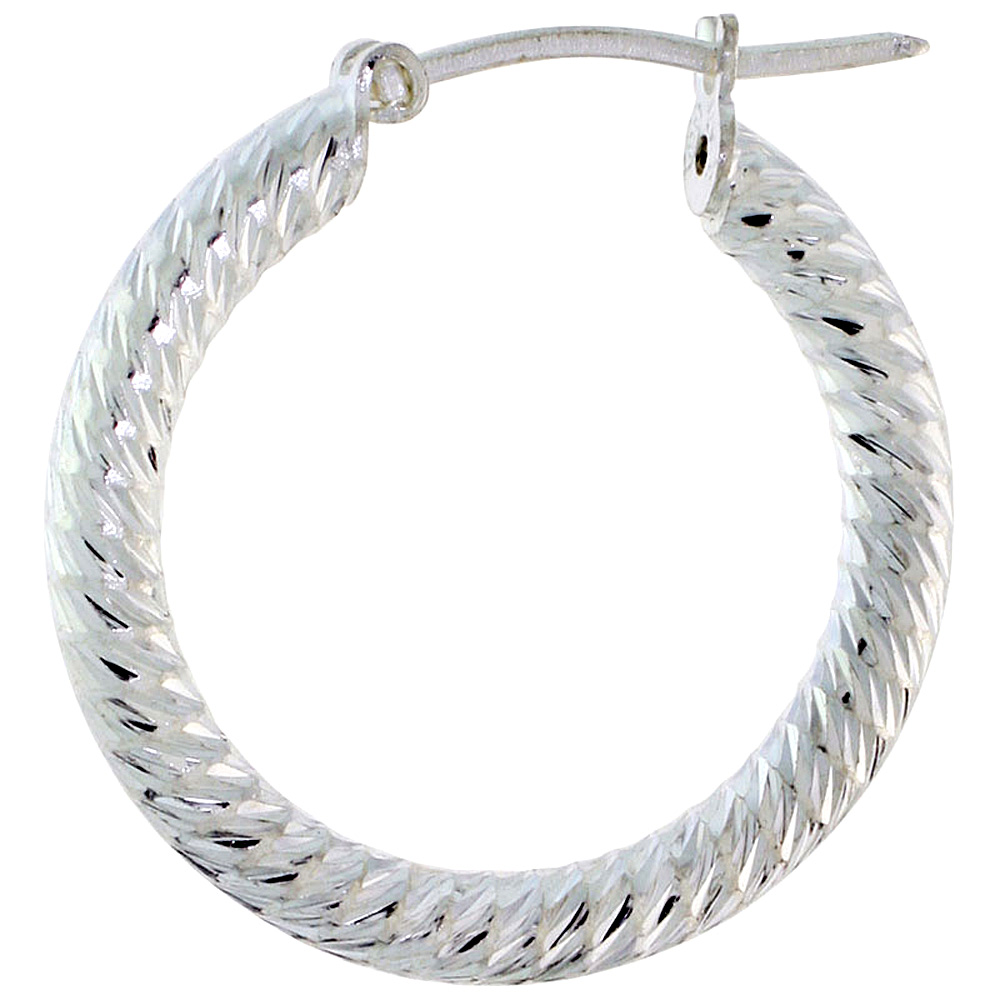 1" ( 25 mm ) Sterling Silver 3mm Tube Spiral Design Diamond Cut Hoop Earrings