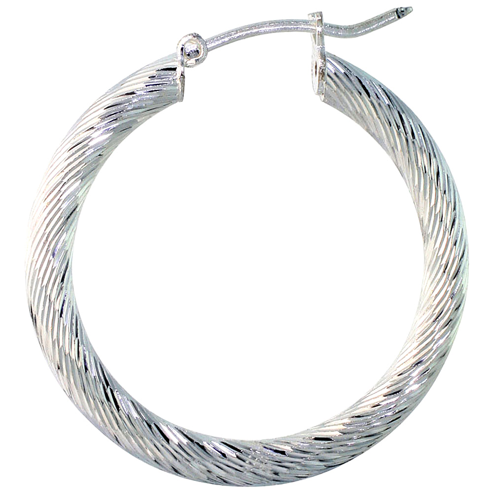 1 1/16" ( 27 mm ) Sterling Silver 3mm Tube Twist Design Diamond Cut Hoop Earrings