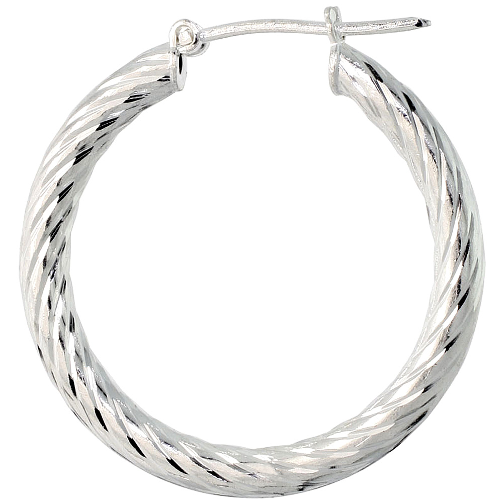 1 1/16&quot; ( 27 mm ) Sterling Silver 3mm Tube Twist Design Diamond Cut Hoop Earrings