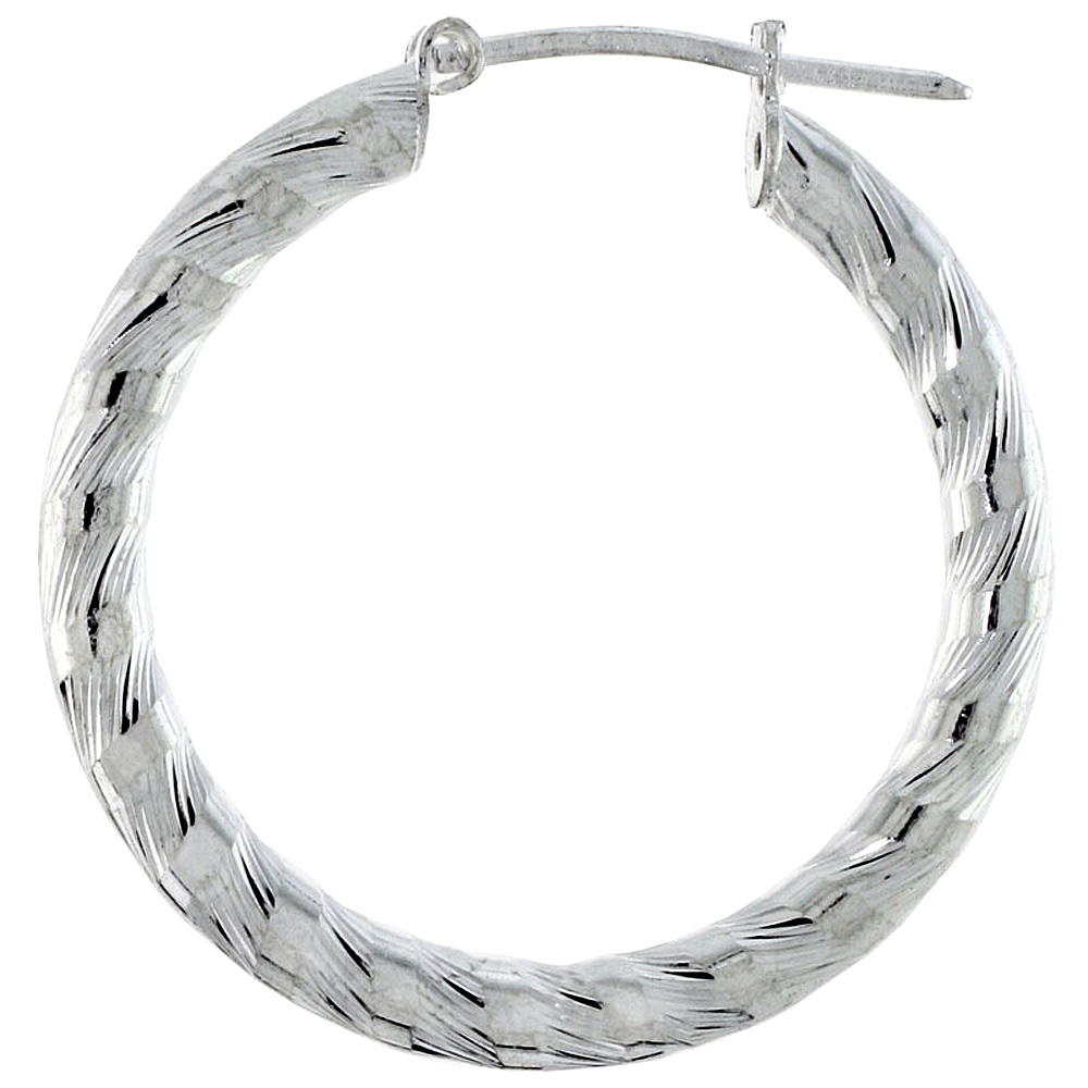 1 1/16&quot; ( 27 mm ) Sterling Silver 3mm Tube Candy Striped Diamond Cut Hoop Earrings