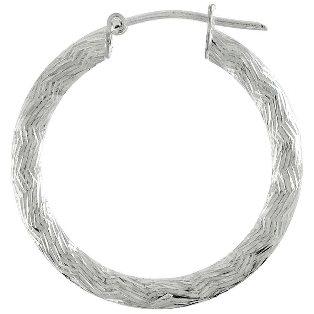 1 1/16&quot; ( 27 mm ) Sterling Silver 3mm Tube Zigzag Pattern Diamond Cut Hoop Earrings