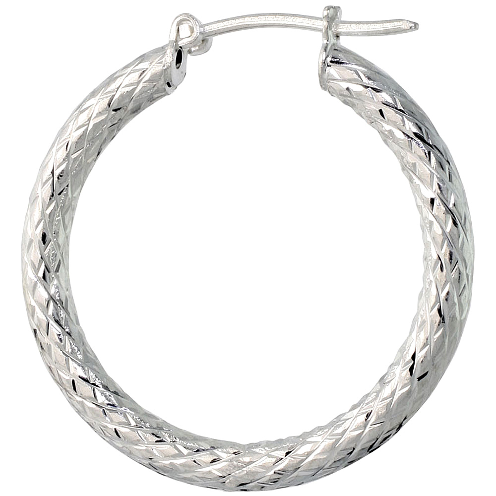 1 1/16&quot; ( 27 mm ) Sterling Silver 3mm Tube Diamond Cut Hoop Earrings
