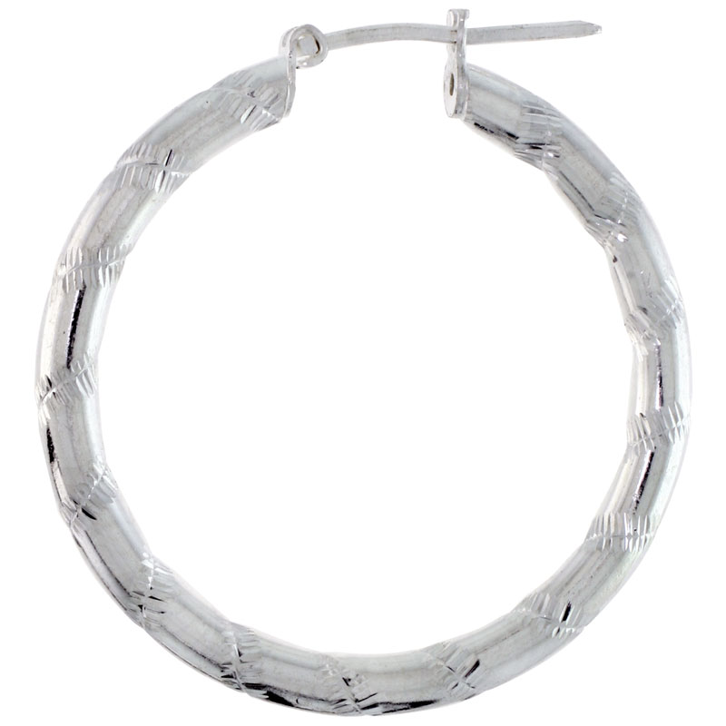 Sterling Silver 3mm Tube Candy Striped Hoop Earrings, 1 3/16&quot; (30 mm)