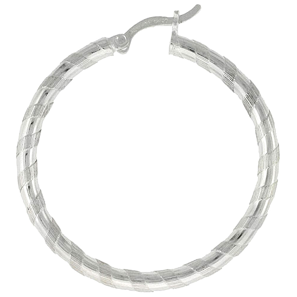 Sterling Silver 3mm Tube Candy Striped Hoop Earrings, 1 3/8&quot; (35 mm)