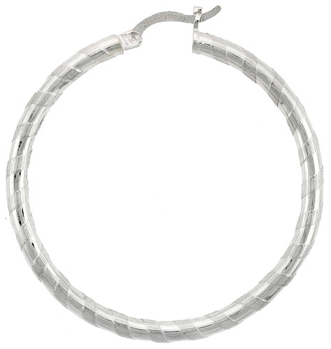 Sterling Silver 3mm Tube Candy Striped Hoop Earrings, 1 9/16&quot; (40 mm)