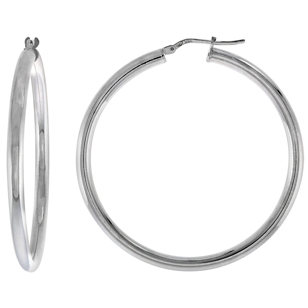 1 3/4 inch sterling silver 45mm Hoop Earrings 3mm tube Plain Polished Nickel free Italy