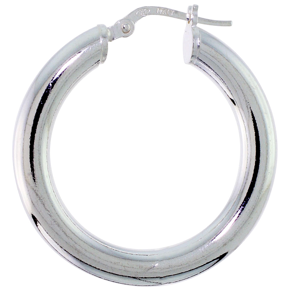1 1/4 inch sterling silver 30mm Hoop Earrings 4mm tube Plain Polished Nickel free Italy