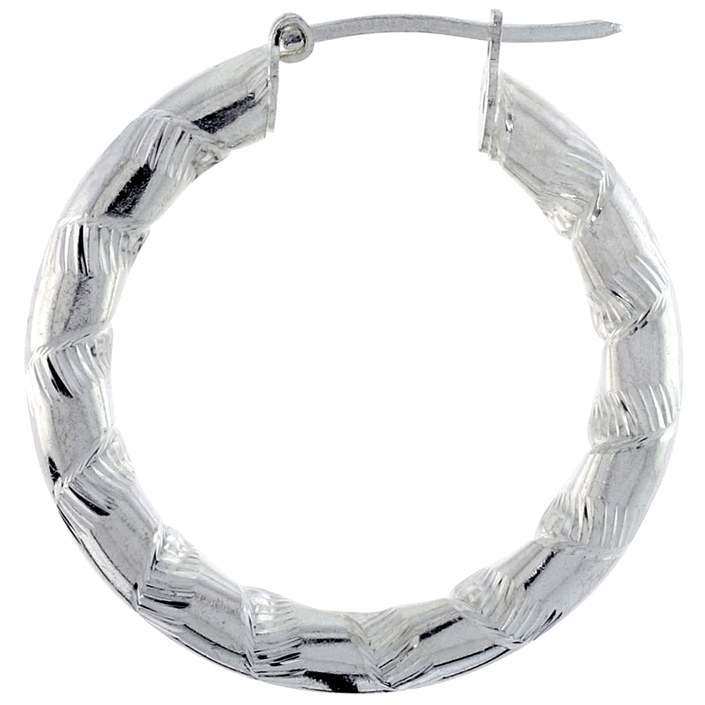 Sterling Silver Italian Hoop Earrings 3mm Candy Striped Diamond Cut, 1 3/8 inch