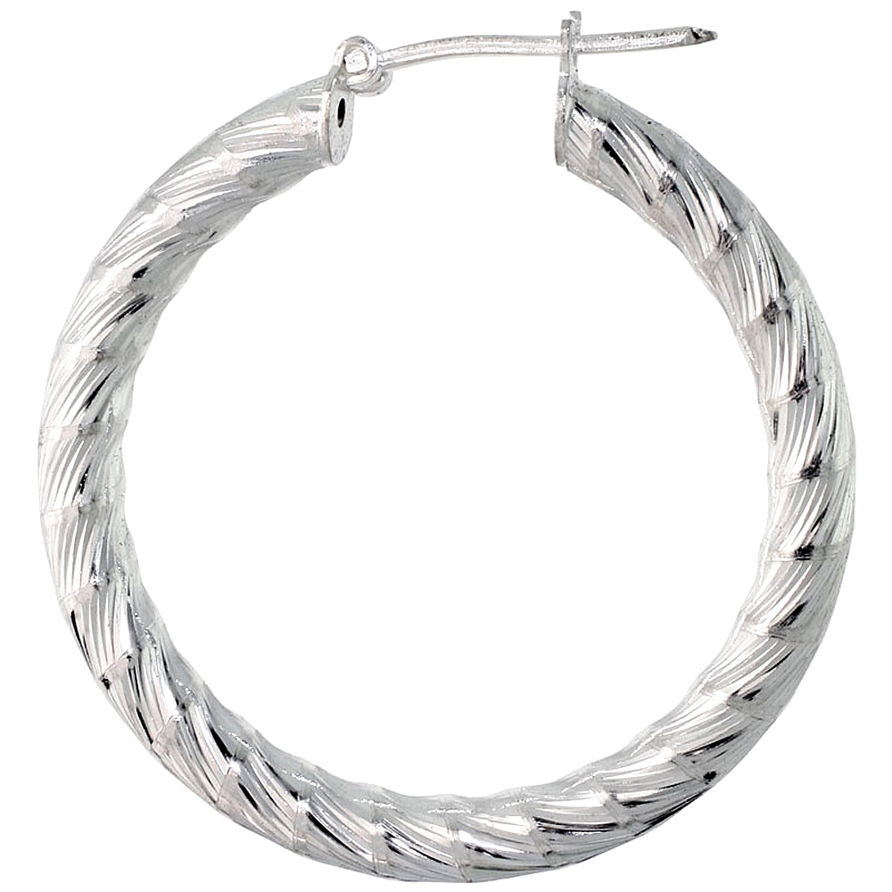 Sterling Silver Italian Hoop Earrings 3mm Candy Striped Diamond Cut, 1 3/8 inch