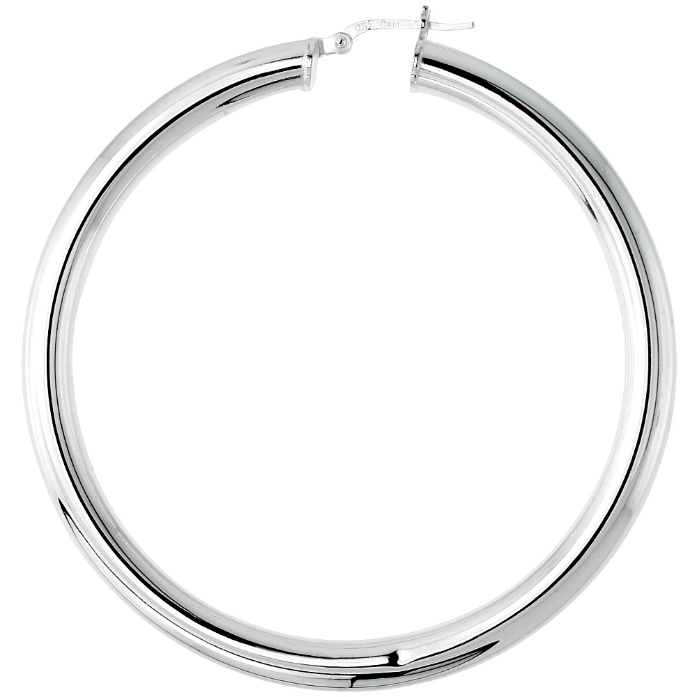 2 3/8 inch sterling silver 60mm Hoop Earrings 5mm thick tube Plain Polished Nickel free Italy