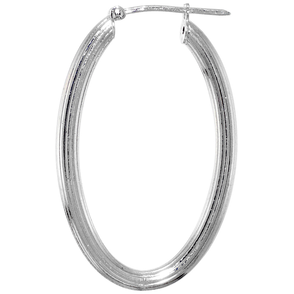 Sterling Silver Italian Hoop Earrings Oval Medium Thick Linear Design 3/4" X 1 3/8 inch