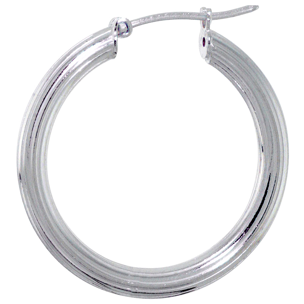Sterling Silver Italian Hoop Earrings Medium Thick Linear Design, 1 inch