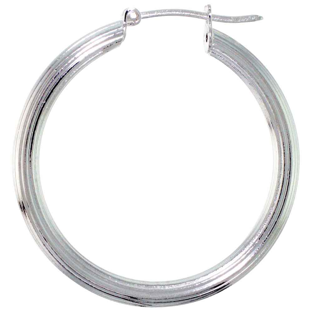 Sterling Silver Italian Hoop Earrings Medium Thick Linear Design 1 1/8 inch
