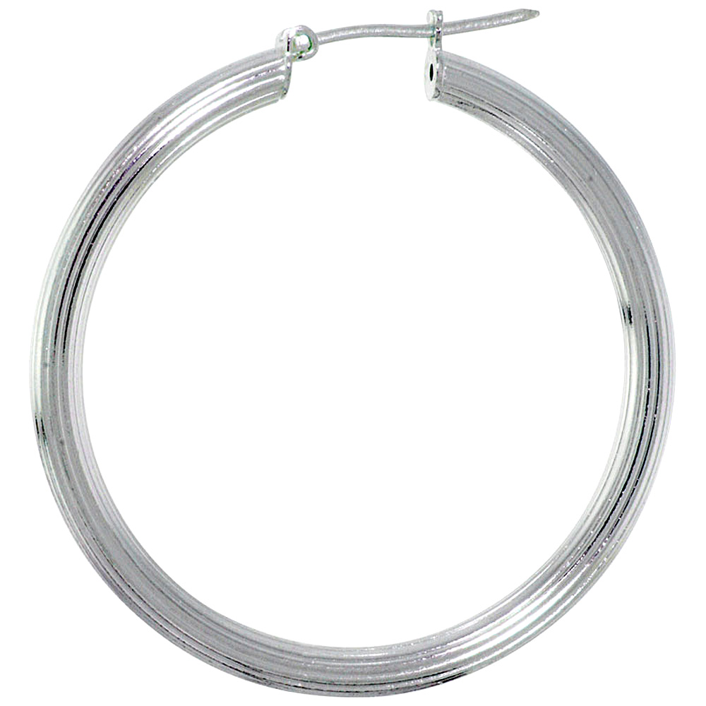 Sterling Silver Large Italian Hoop Earrings Medium Thick Linear Design 1 3/8 inch