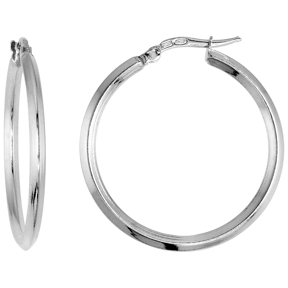 1 1/8 inch Sterling Silver Hoop Earrings for Women Click Top 2mm Diamond-shaped Tubing 29mm Round Italy