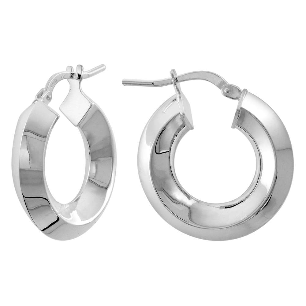 3/4 inch Sterling Silver 5mm Tube Thick Knife Edge Hoop Earrings for Women Click Top 20mm Round Italy