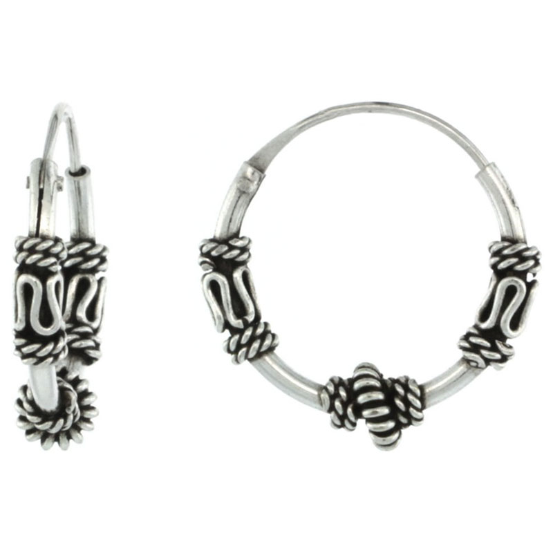 Sterling Silver Small Bali Hoop Earrings, 9/16 inches diameter
