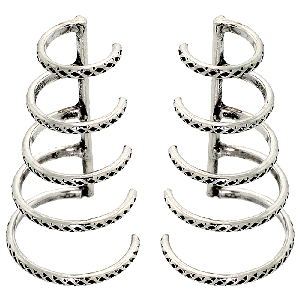 Sterling Silver Cartilage Hoop Earrings Non Pierced 5-band Graduated Textured 6-12 mm one piece