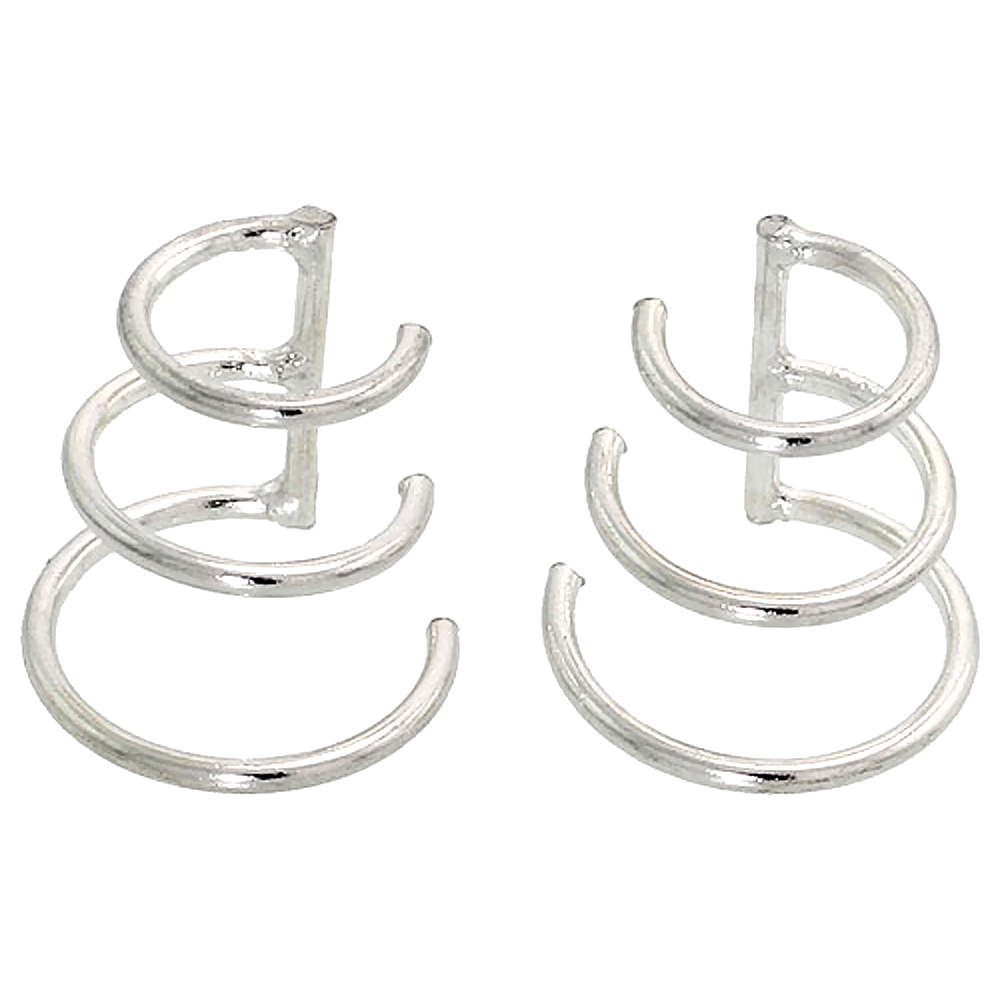 Sterling Silver Cartilage Hoop Earrings Non Pierced 3-band Graduated 8-12 mm one piece