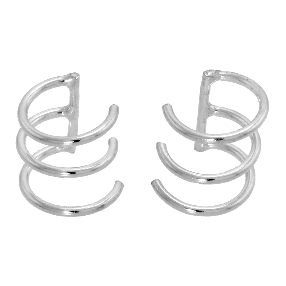 Sterling Silver Cartilage Hoop Earrings Non Pierced 3-band 10 mm one piece