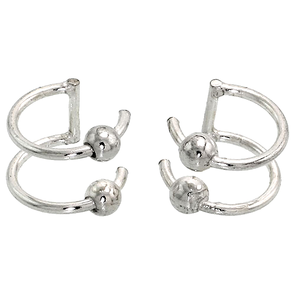 Sterling Silver Cartilage Hoop Earrings Non Pierced 2-band w/ Beads 8 mm one piece