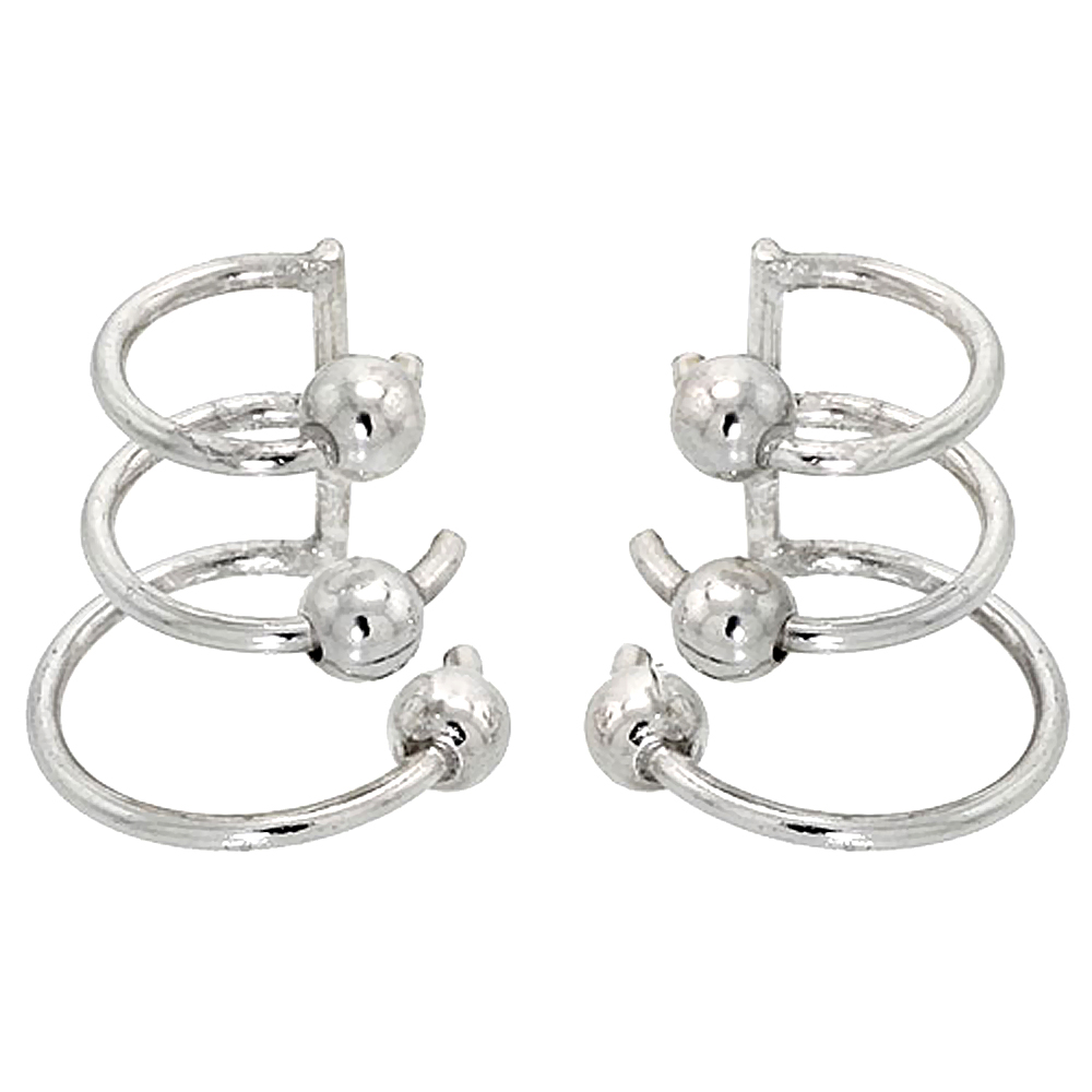 Sterling Silver Cartilage Hoop Earrings w/ Beads Non Pierced 3-band Graduated 8-12 mm one piece