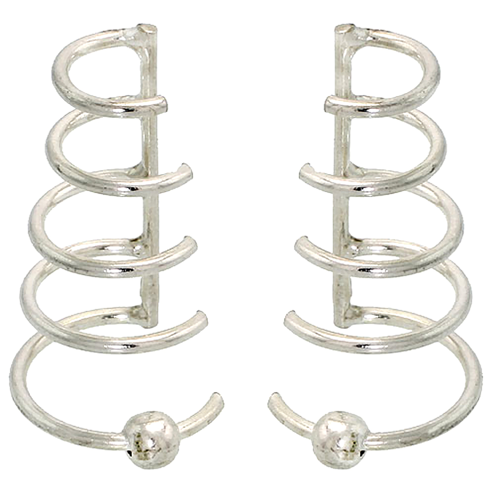 Sterling Silver Cartilage Hoop Earrings w/ Beads Non Pierced 5-band Graduated 7-13 mm one piece