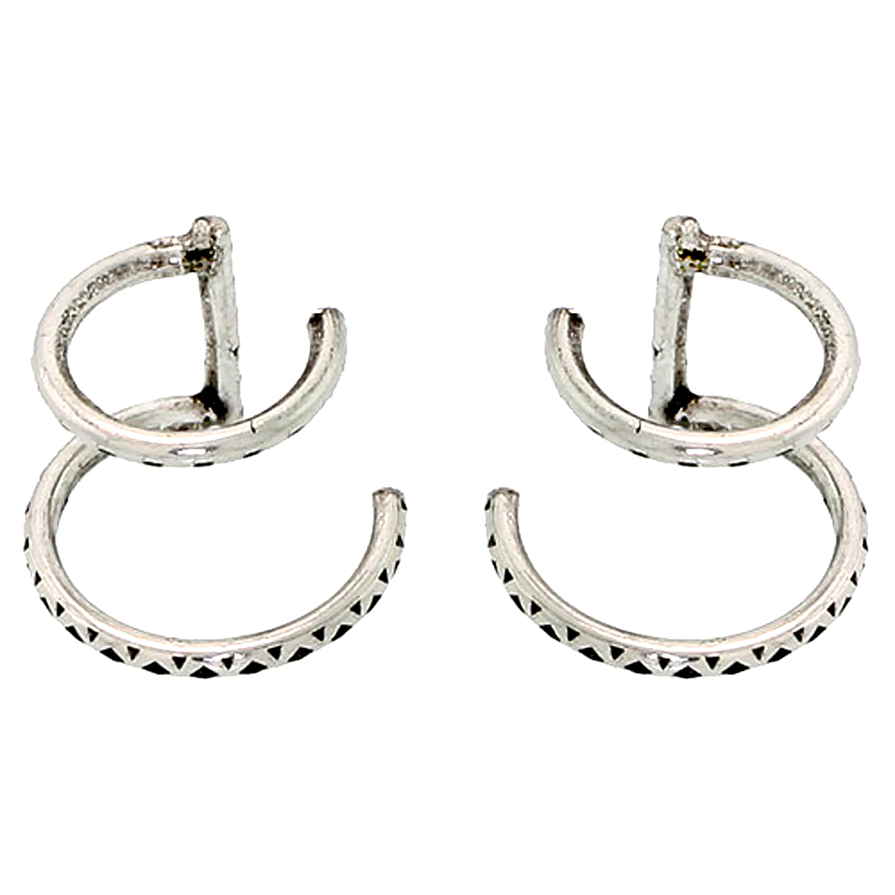 Sterling Silver Cartilage Hoop Earrings Non Pierced 2-band Graduated Textured 8-10 mm one piece