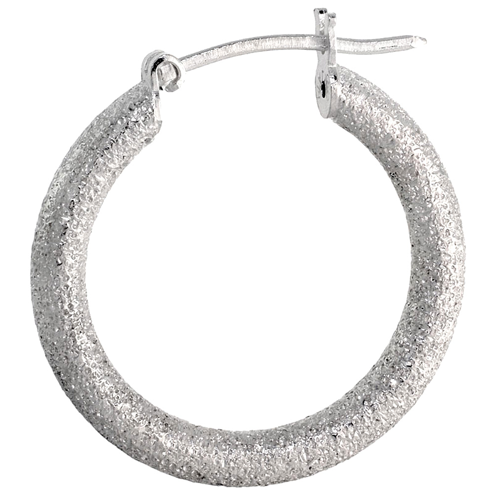 Sterling Silver 3/4 inch Click Top Hoop Earrings for Women 23mm Round Stardust Finish 3mm Tube Italy