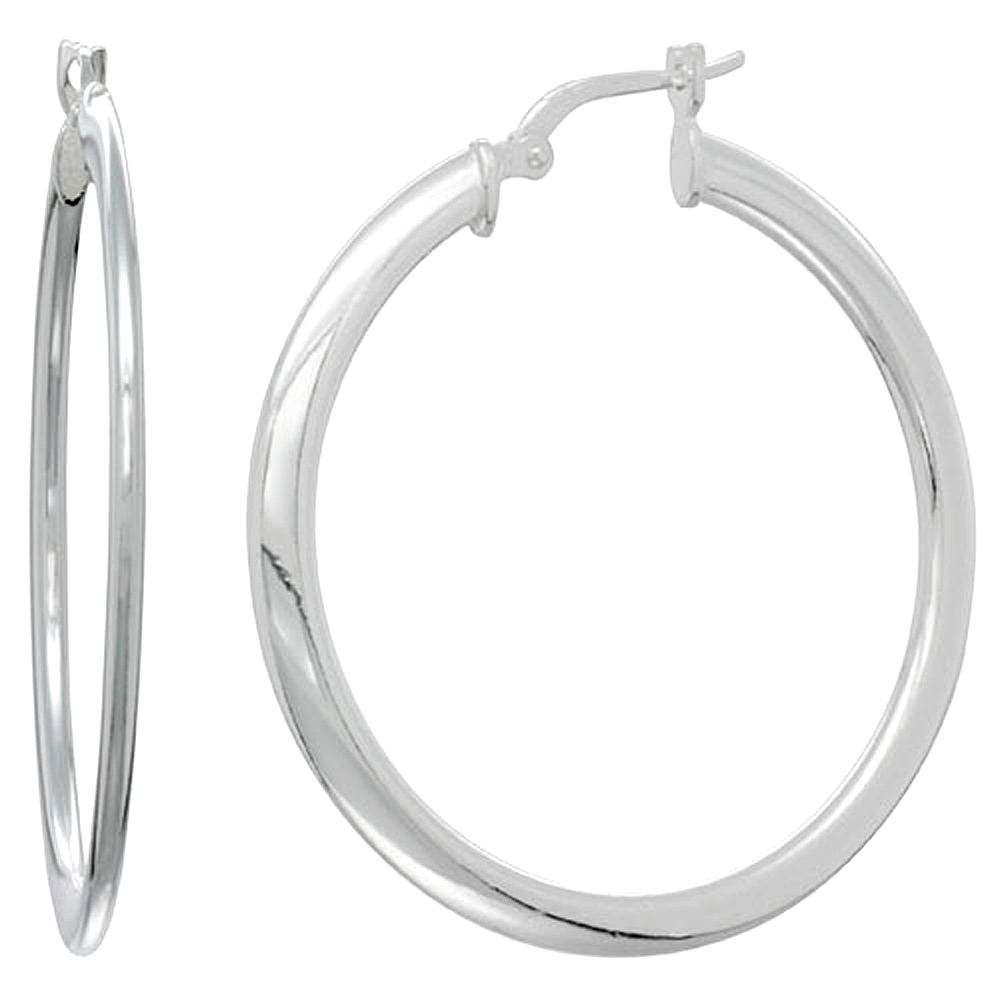 Sterling Silver Flat Tube 30mm Hoop Earrings for Women 1 1/4 inch Round 3mm Tubing Italy