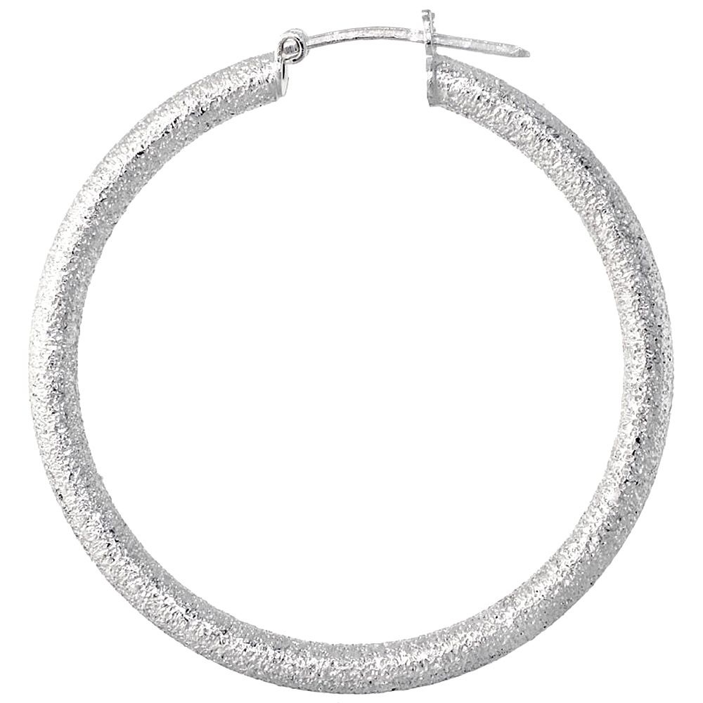 Sterling Silver 1 1/2 inch Click Top Hoop Earrings for Women 38mm Round Stardust Finish 3mm Tube Italy