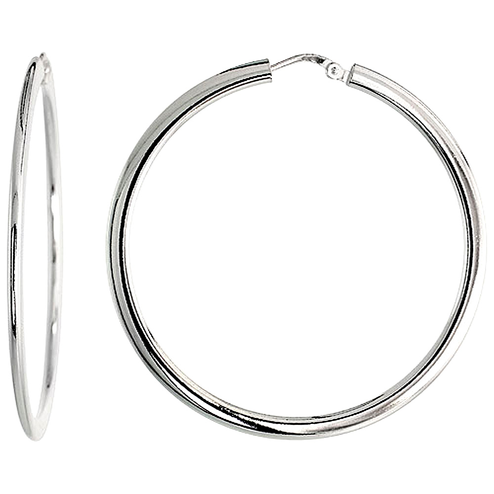Sterling Silver Flat Tube 40mm Hoop Earrings for Women 1 1/2 Inch Round 3mm Tubing Italy