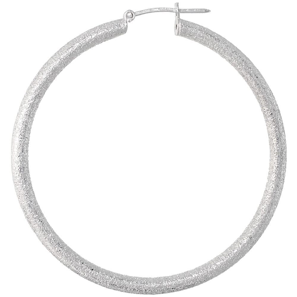 Sterling Silver 2 inch Click Top Hoop Earrings for Women 48mm Round Stardust Finish 3mm Tube Italy