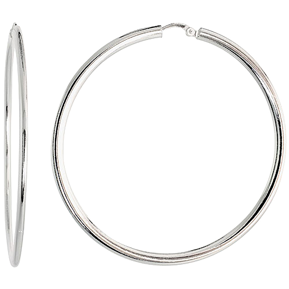 Sterling Silver Flat Tube 50mm Hoop Earrings for Women 2 inch Round 3mm Tubing Italy