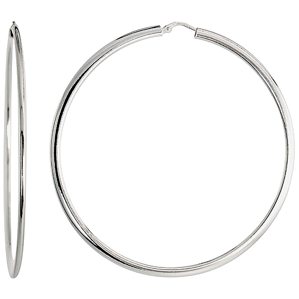 Sterling Silver Flat Tube 60mm Hoop Earrings for Women 2 1/2 inch Round 3mm Tubing Italy