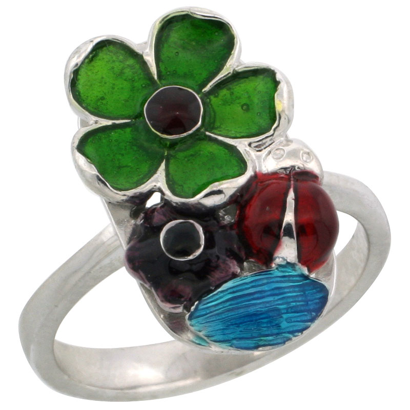 Sterling Silver Multi Color Enamel Lady Bug &amp; Flowers Ring, 3/4 in. (18 mm) wide