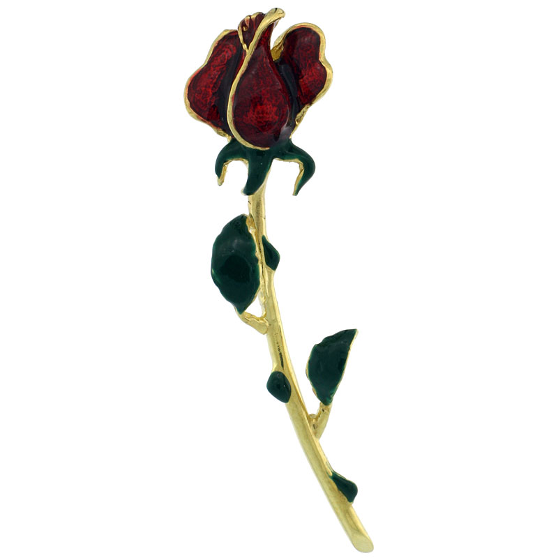 Sterling Silver Enameled Red Rose Pendant (Gold Finish), 1 5/8 in. (41 mm) tall
