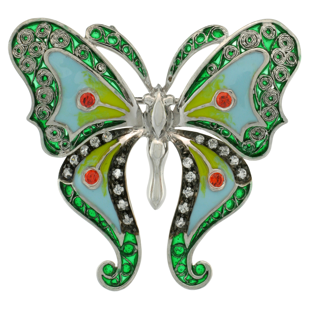 Sterling Silver Multi Color Enamel Butterfly Brooch, 1 1/2 in. (38 mm) tall