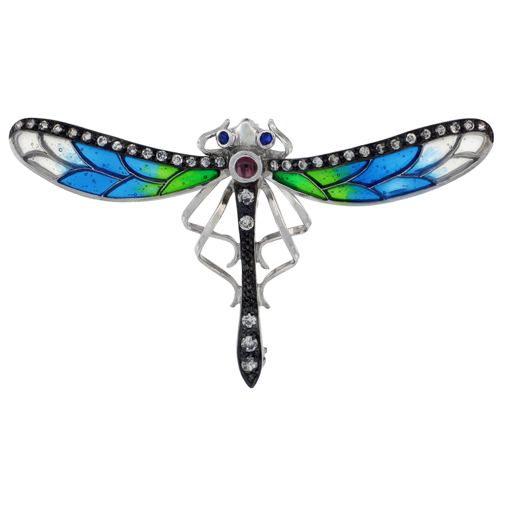 Sterling Silver Multi Color Enamel Dragonfly Brooch, 2 5/8 in. (61 mm) wide