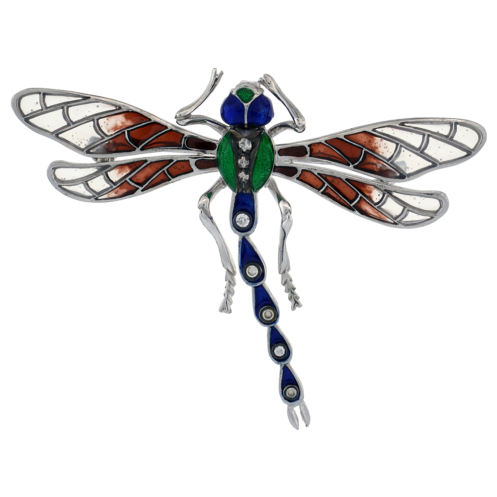 Sterling Silver Multi Color Enamel Dragonfly Brooch, 2 5/16 in. (59 mm) wide