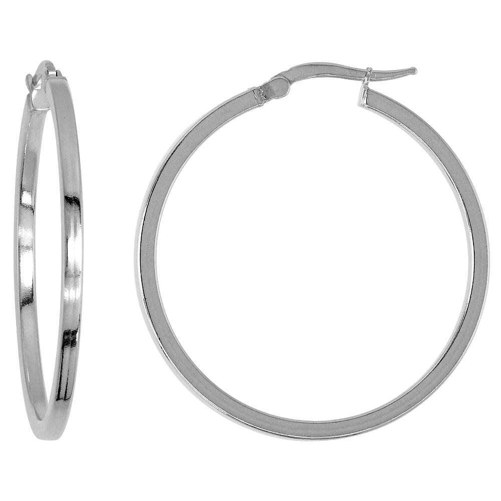 Sterling Silver Italian Hoop Earrings 2mm thin Square Tubing, 1 3/8 inch