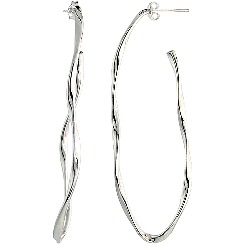 Sterling Silver 3 inch Long Oval Post  Hoop Earrings for Women 3mm Twisted Oval Tubing 73mm tall