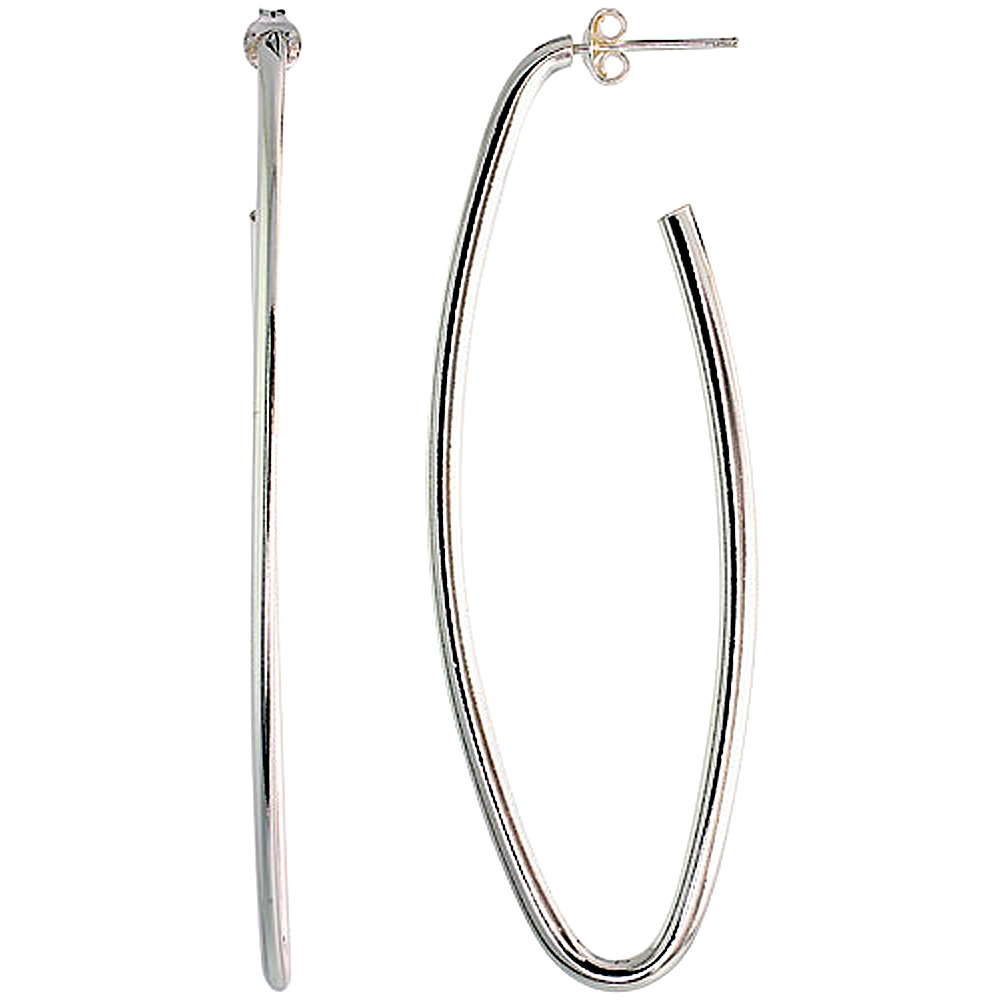 Sterling Silver 3 inch Long Oval Post  Hoop Earrings for Women 3mm Oval Tubing 76mm tall