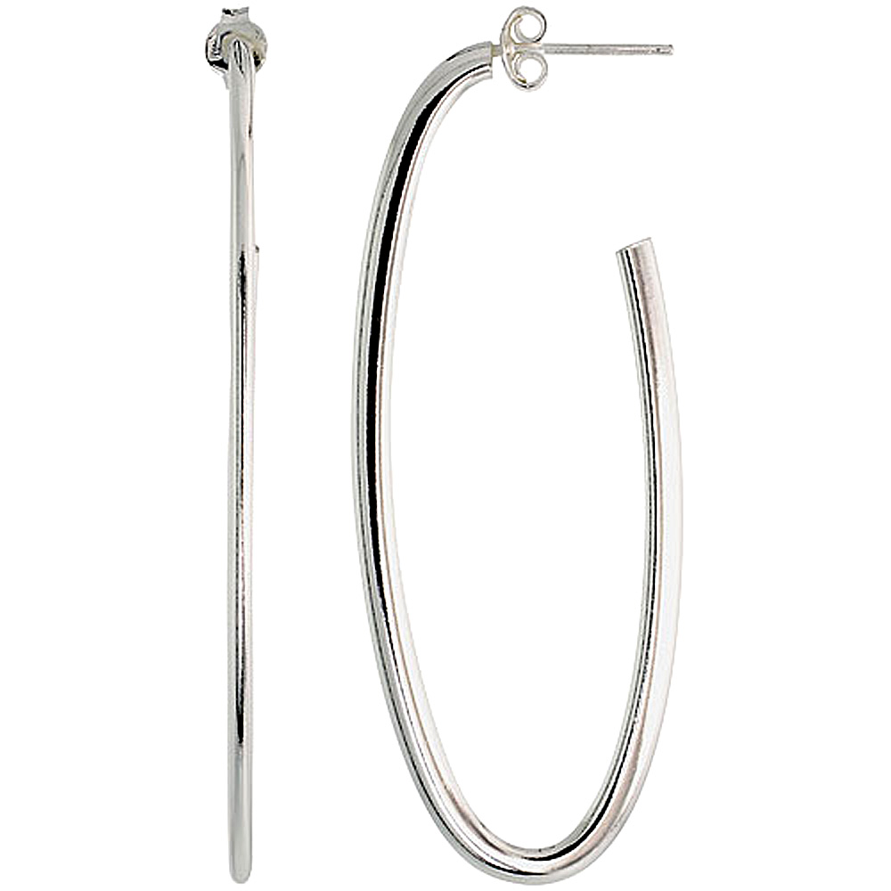 Sterling Silver Italian Hoop Earrings Flat Oval Hoop Earrings 2 3/8 X 1 inch