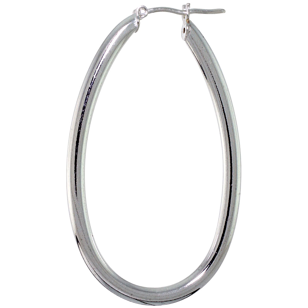 Sterling Silver Click top 2 inch Oval Hoop Earrings for Women 3mm Tubing 48mm tall