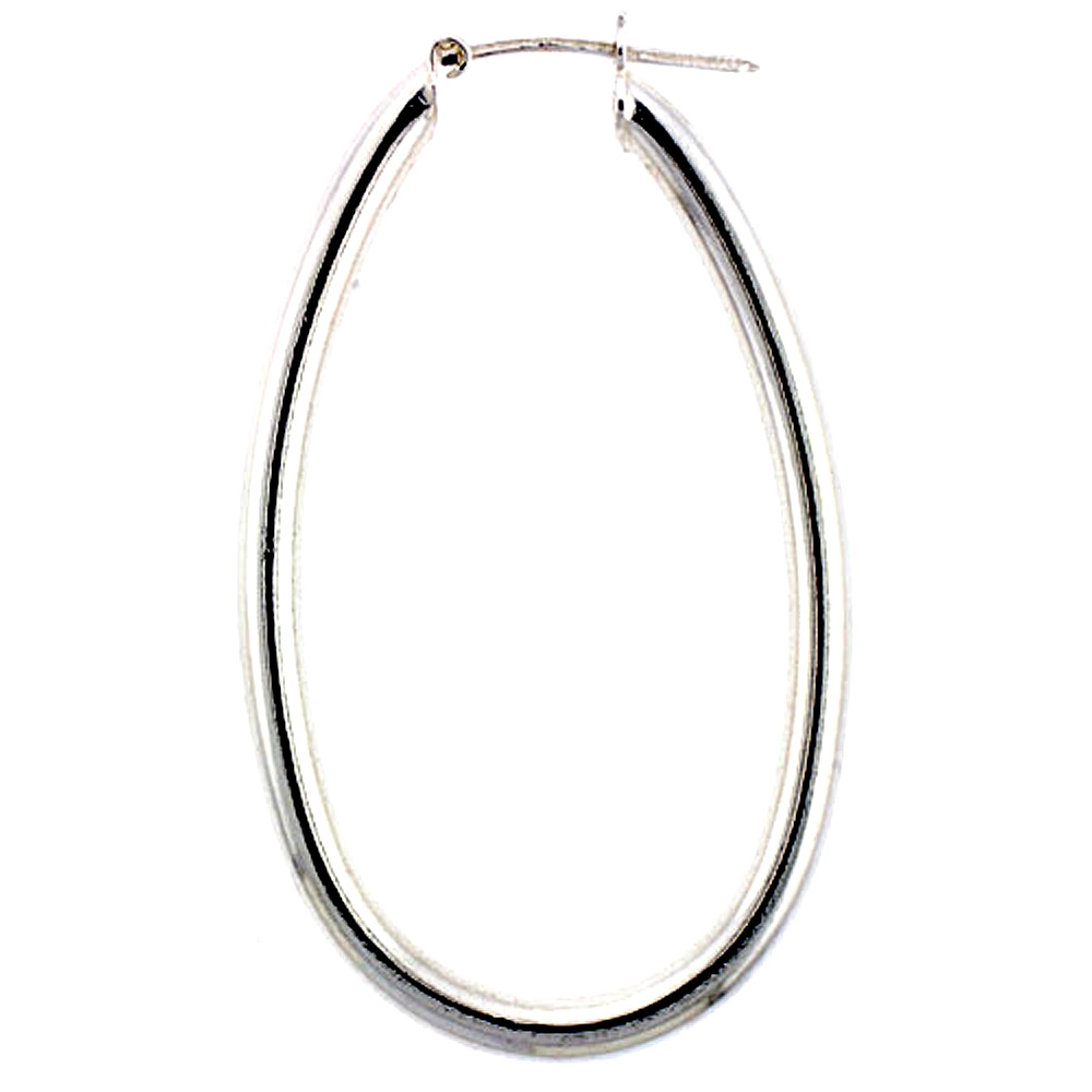 Sterling Silver Italian Hoop Earrings 3mm thin Long Oval