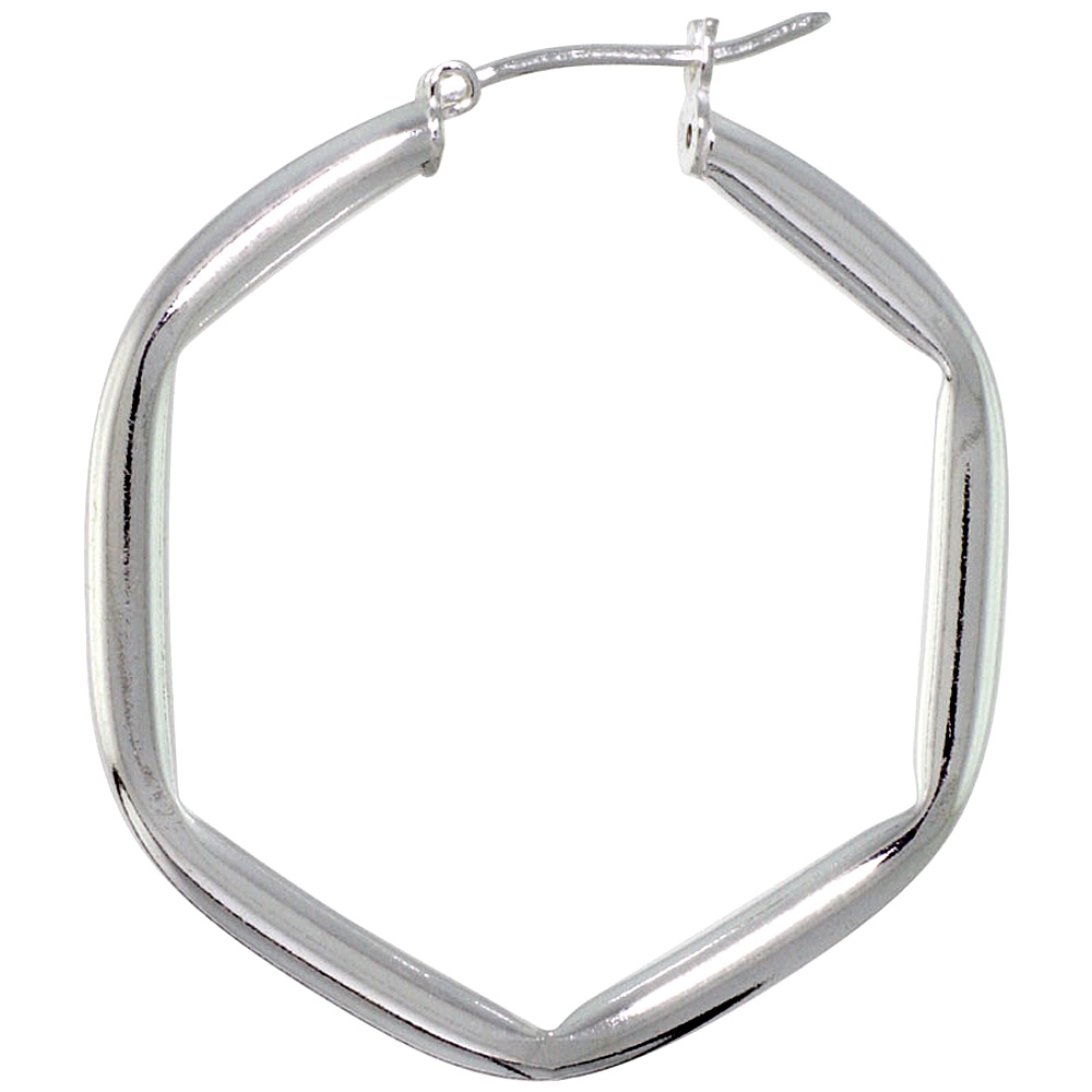 Sterling Silver Click top 1 1/2 inch Hexagon Hoop Earrings for Women 3mm Tubing 37mm tall